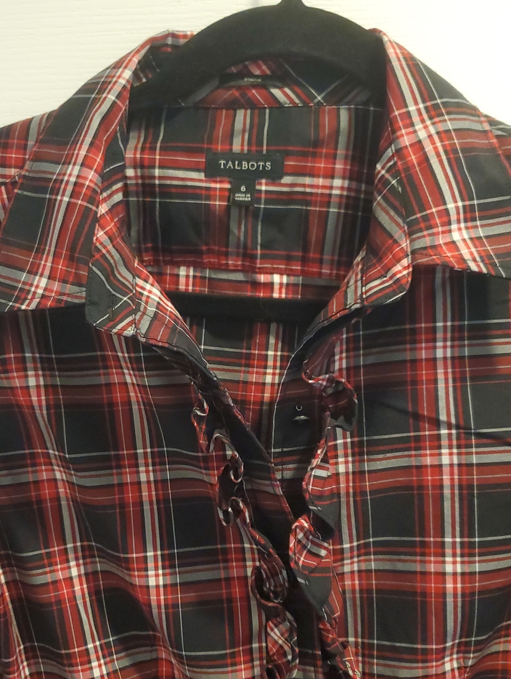 Talbots Red and Black Plaid Ruffle-Front Button-Down Shirt